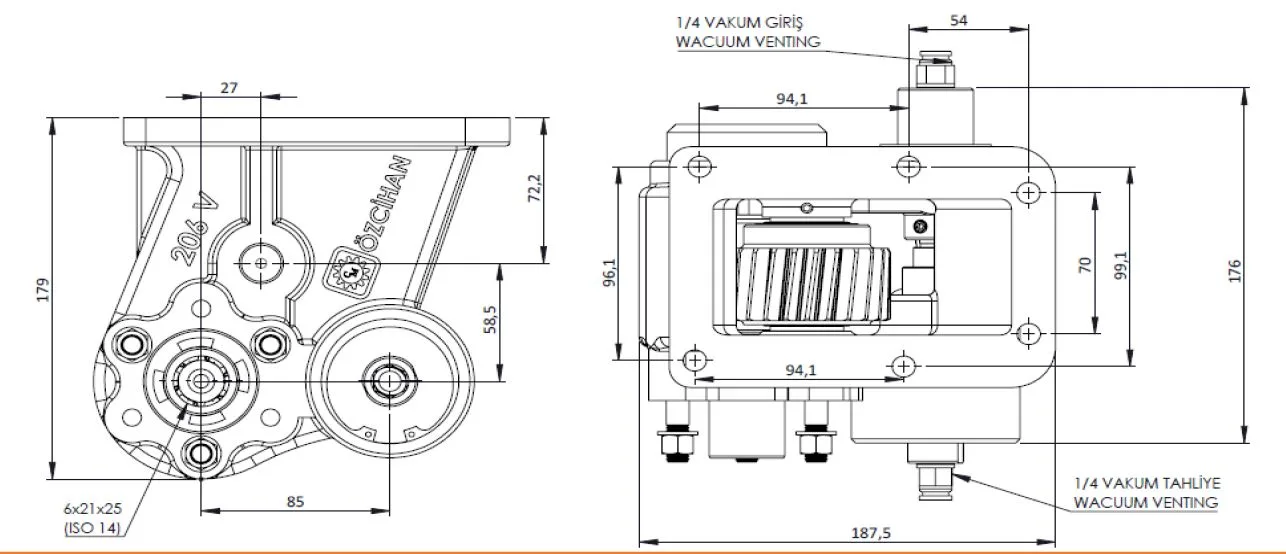 CTM 206 BC2 KV PTO teknik çizimi — kesit, ölçü ve montaj şeması