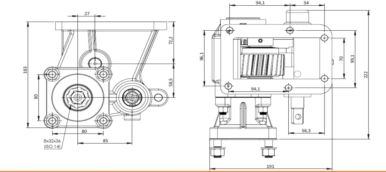 CTM 206 BC1 PTO teknik çizimi — kesit, ölçü ve montaj şeması