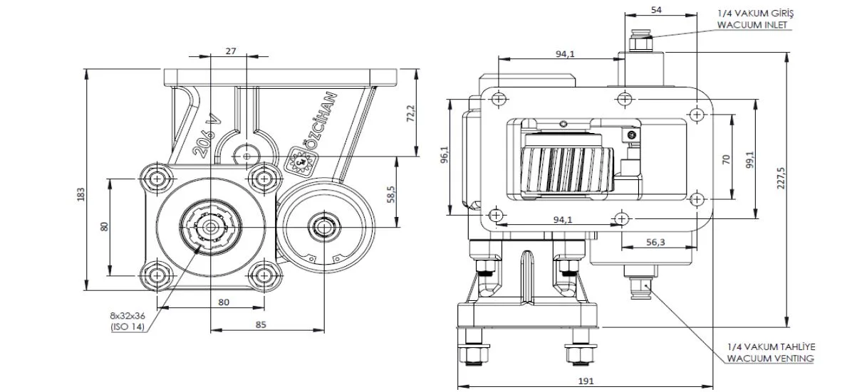 CTM 206 BC1 KV PTO teknik çizimi — kesit, ölçü ve montaj şeması