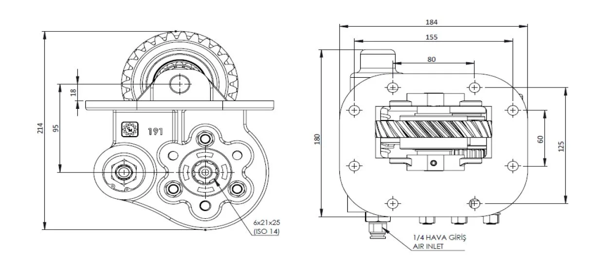 CTM 207 AE PTO teknik çizimi — kesit, ölçü ve montaj şeması