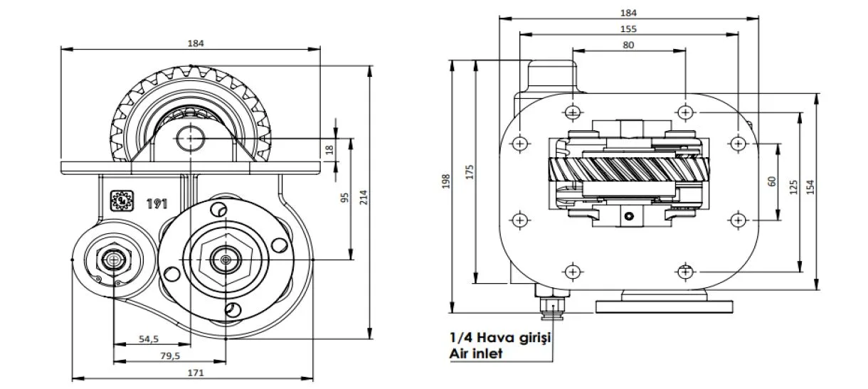CTM 207 AD PTO teknik çizimi — kesit, ölçü ve montaj şeması