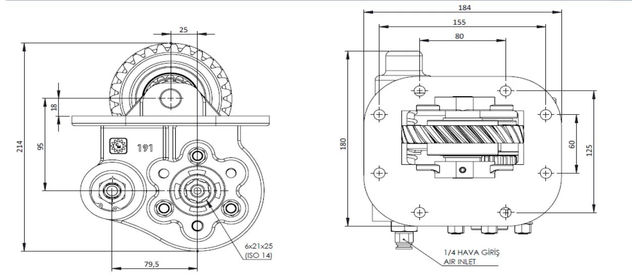 CTM 207 AC2 PTO teknik çizimi — kesit, ölçü ve montaj şeması