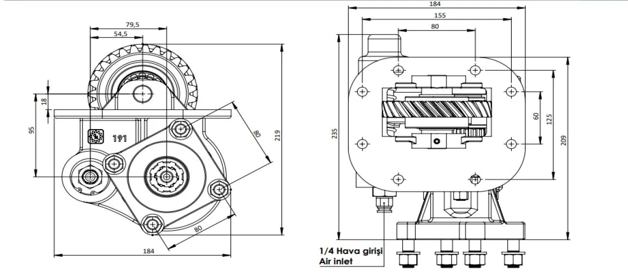 CTM 207 AC1 PTO teknik çizimi — kesit, ölçü ve montaj şeması