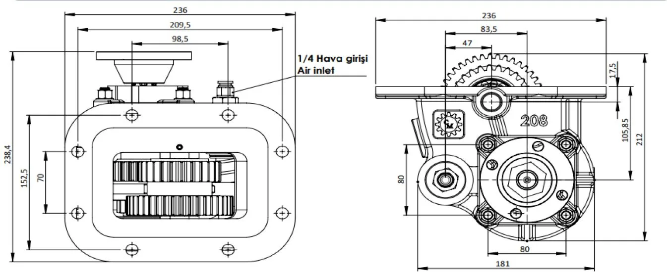 CTM 208 AD PTO teknik çizimi — kesit, ölçü ve montaj şeması