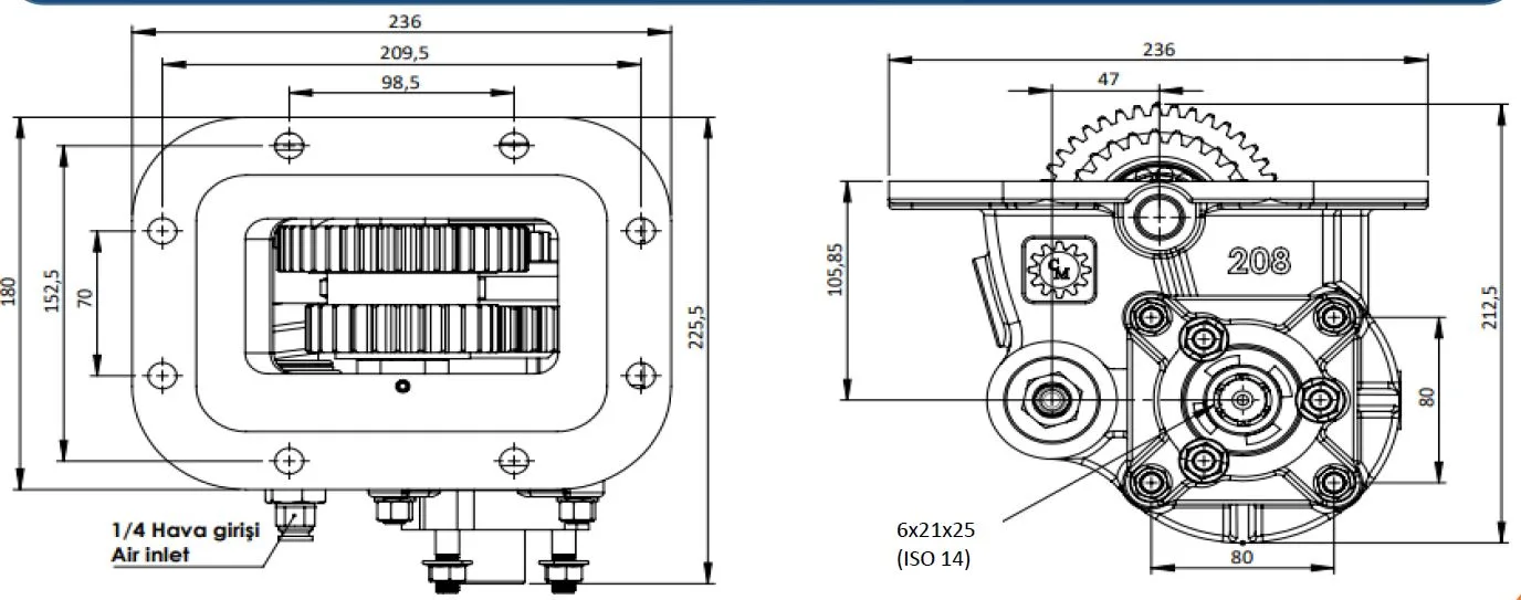CTM 208 AC2 PTO teknik çizimi — kesit, ölçü ve montaj şeması