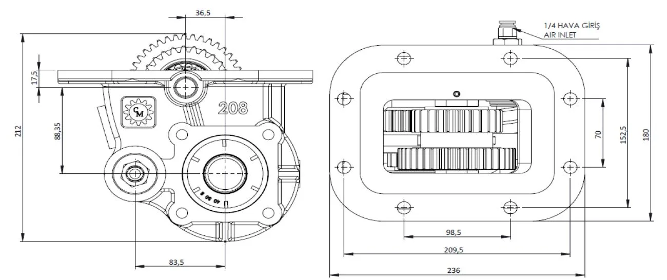 CTM 208 A1 PTO teknik çizimi — kesit, ölçü ve montaj şeması