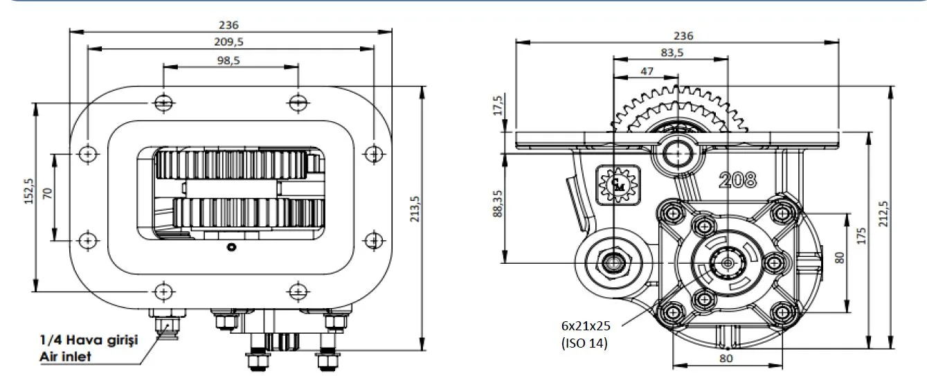 CTM 208 AE PTO teknik çizimi — kesit, ölçü ve montaj şeması