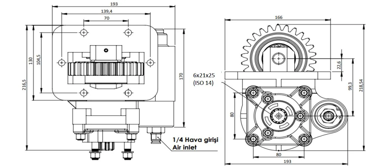 CTM 209 AE PTO teknik çizimi — kesit, ölçü ve montaj şeması