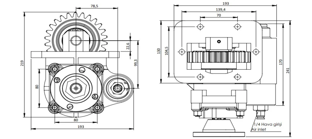 CTM 209 AD PTO teknik çizimi — kesit, ölçü ve montaj şeması