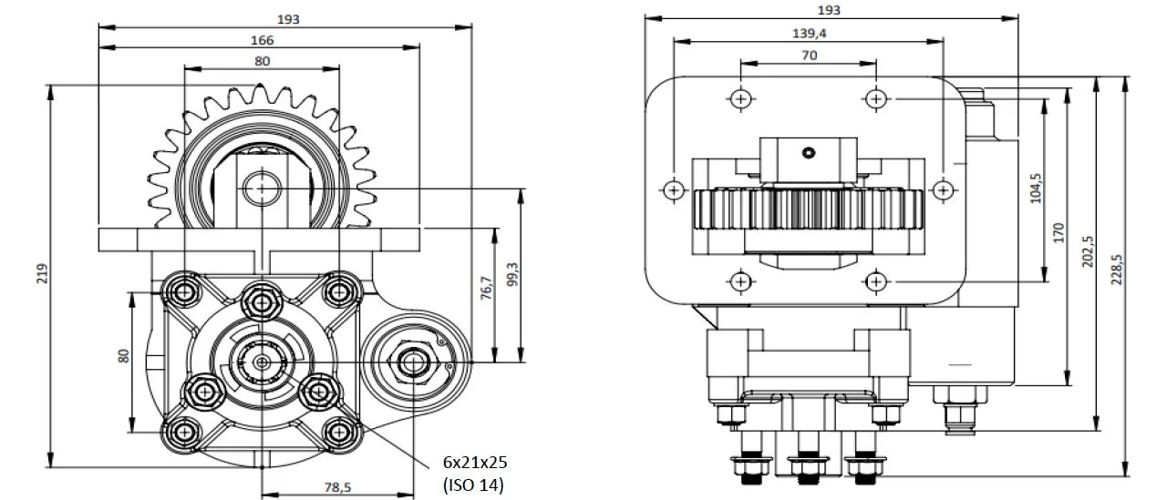 CTM 209 AC2 PTO teknik çizimi — kesit, ölçü ve montaj şeması