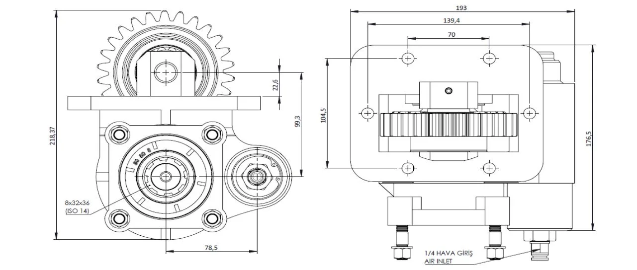CTM 209 A1 PTO teknik çizimi — kesit, ölçü ve montaj şeması