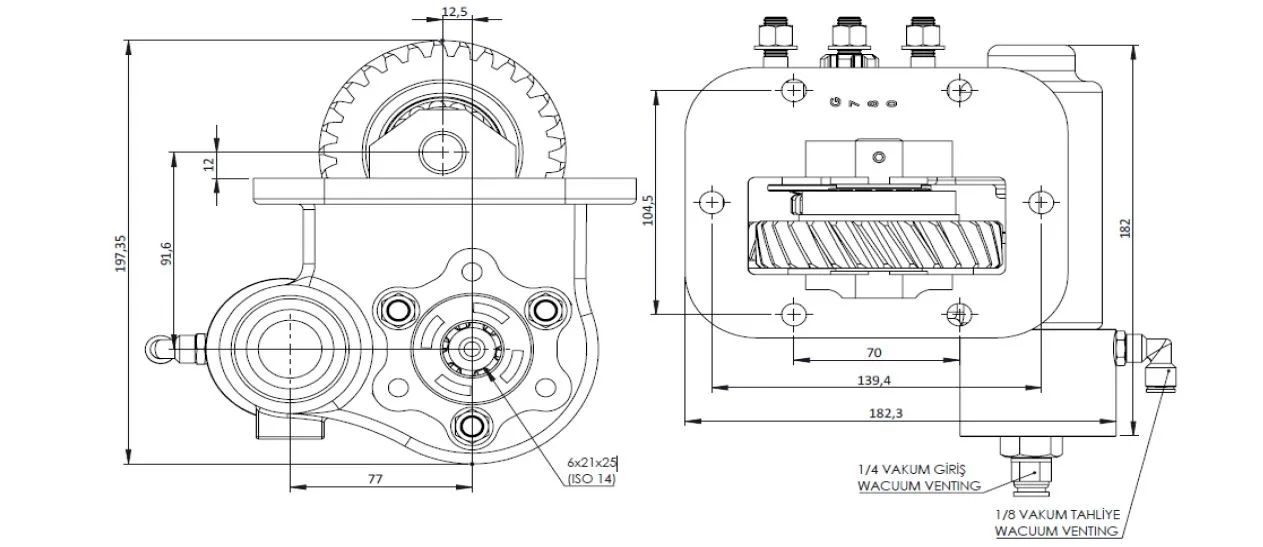 CTM 210 BE KV PTO teknik çizimi — kesit, ölçü ve montaj şeması