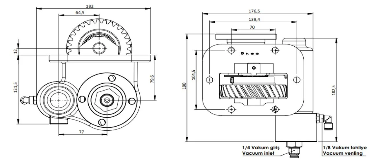 CTM 210 BD KV PTO teknik çizimi — kesit, ölçü ve montaj şeması