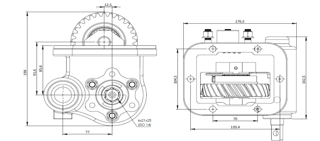 CTM 210 BC2 PTO teknik çizimi — kesit, ölçü ve montaj şeması