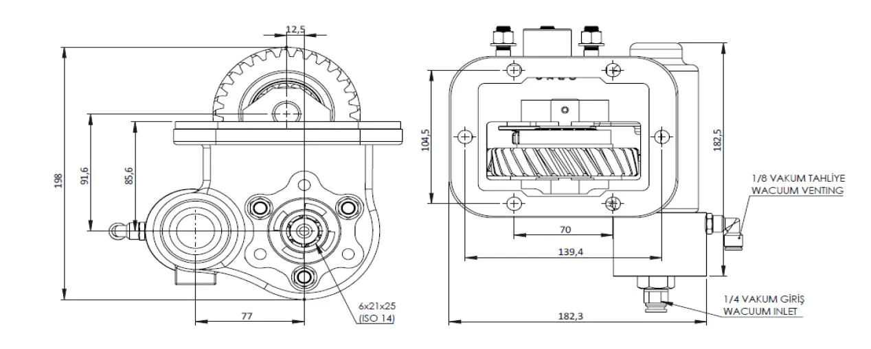 CTM 210 BC2 KV PTO teknik çizimi — kesit, ölçü ve montaj şeması
