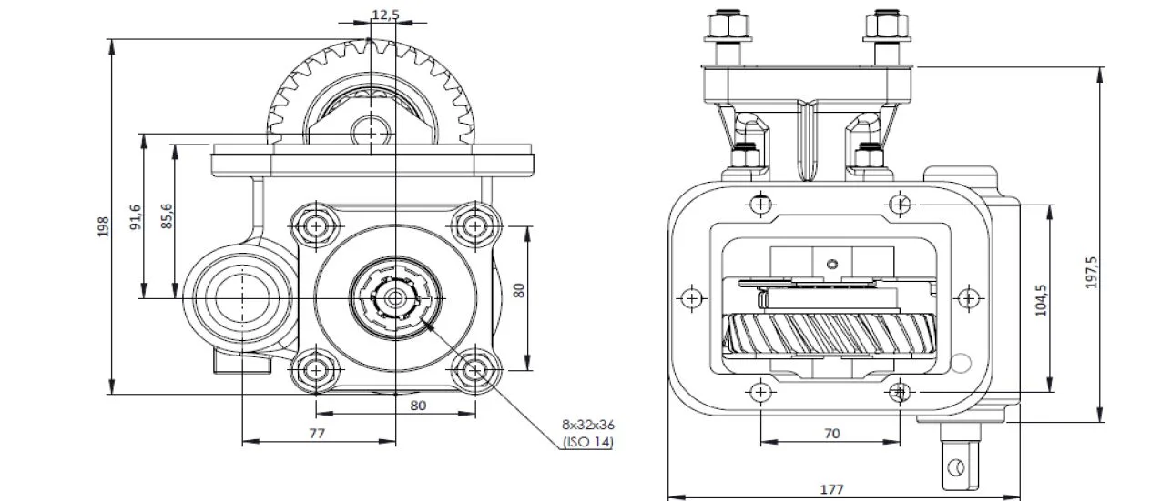 CTM 210 BC1 PTO teknik çizimi — kesit, ölçü ve montaj şeması