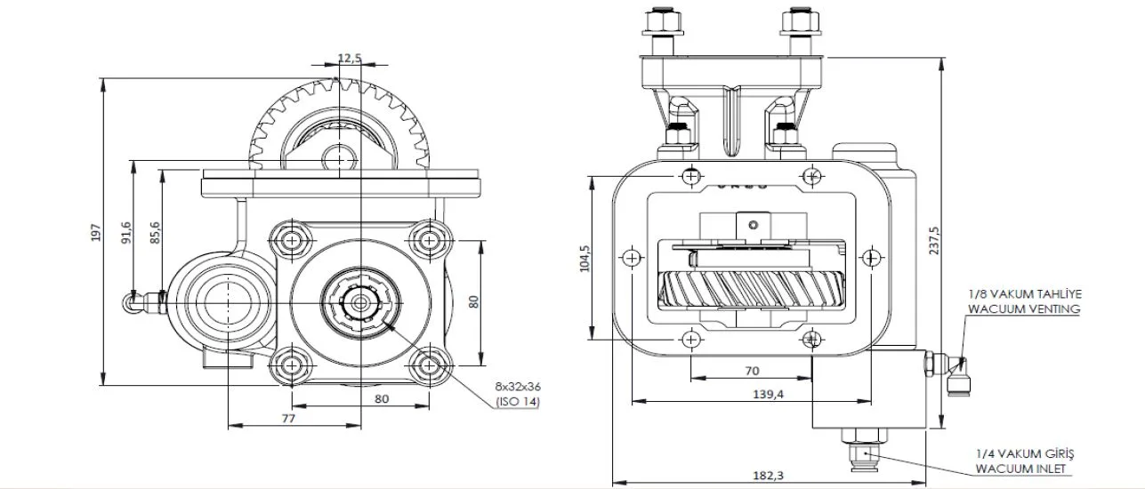 CTM 210 BC1 KV PTO teknik çizimi — kesit, ölçü ve montaj şeması