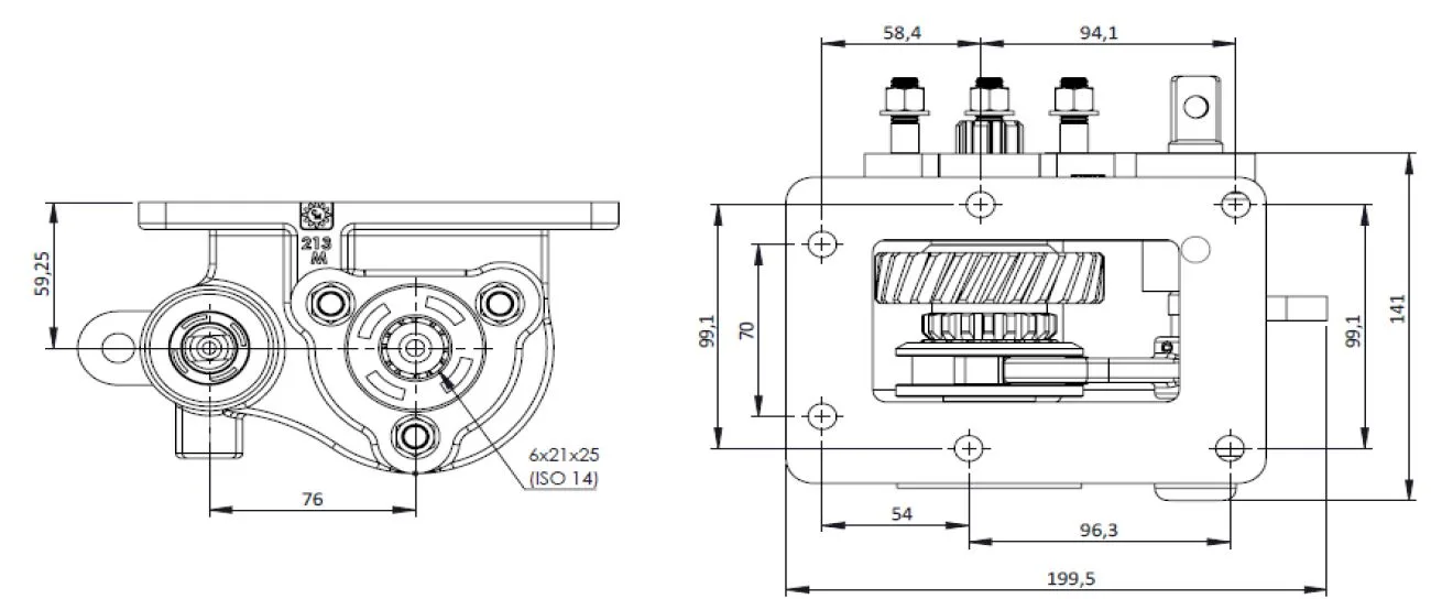 CTM 213 BE PTO teknik çizimi — kesit, ölçü ve montaj şeması