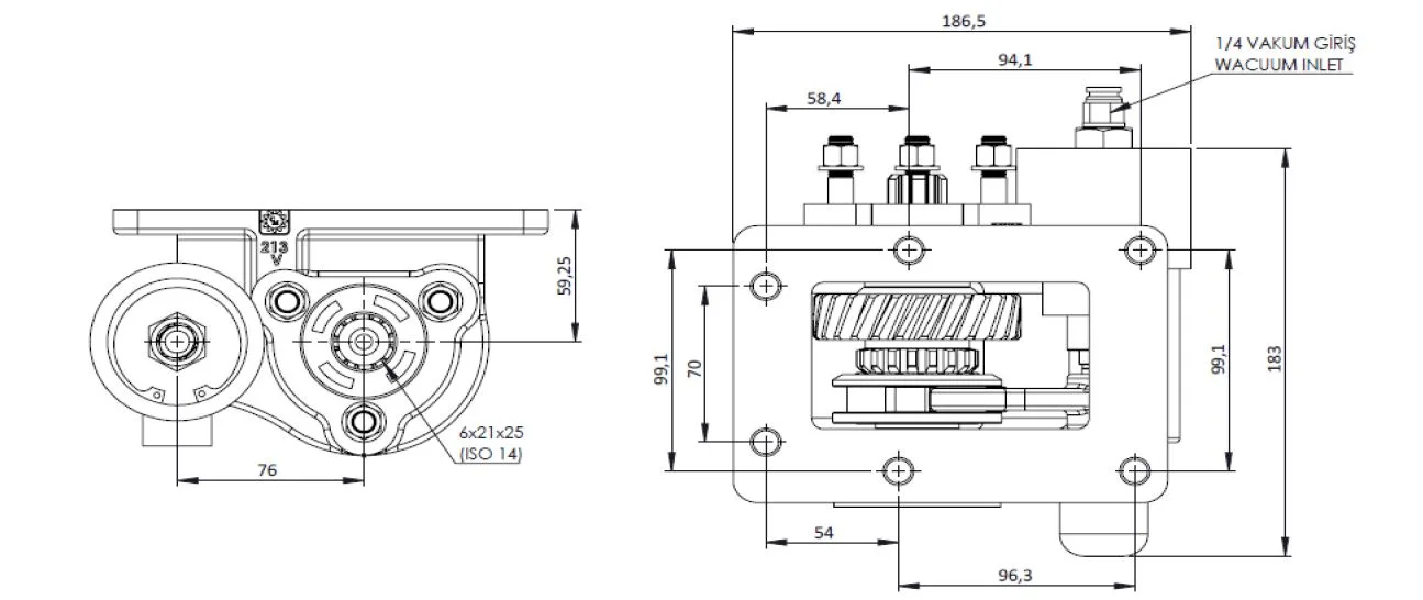 CTM 213 BE KV PTO teknik çizimi — kesit, ölçü ve montaj şeması