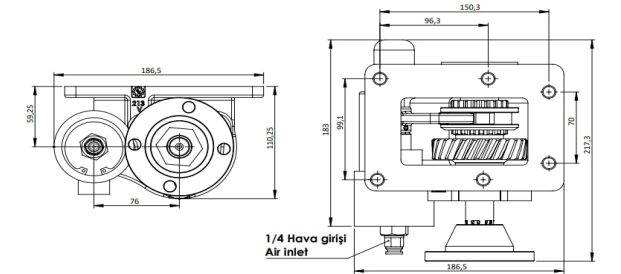 CTM 213 BD KV PTO teknik çizimi — kesit, ölçü ve montaj şeması