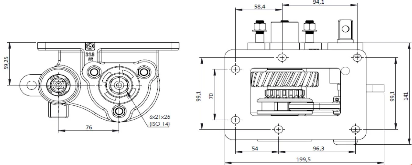 CTM 213 BC2 PTO teknik çizimi — kesit, ölçü ve montaj şeması
