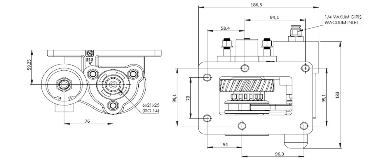 CTM 213 BC2 KV PTO teknik çizimi — kesit, ölçü ve montaj şeması