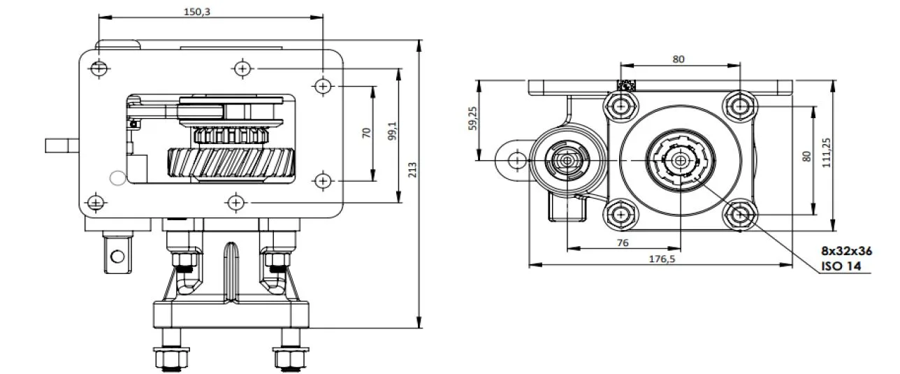 CTM 213 BC1 PTO teknik çizimi — kesit, ölçü ve montaj şeması