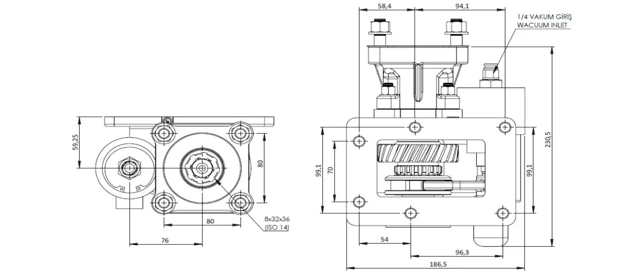 CTM 213 BC1 KV PTO teknik çizimi — kesit, ölçü ve montaj şeması
