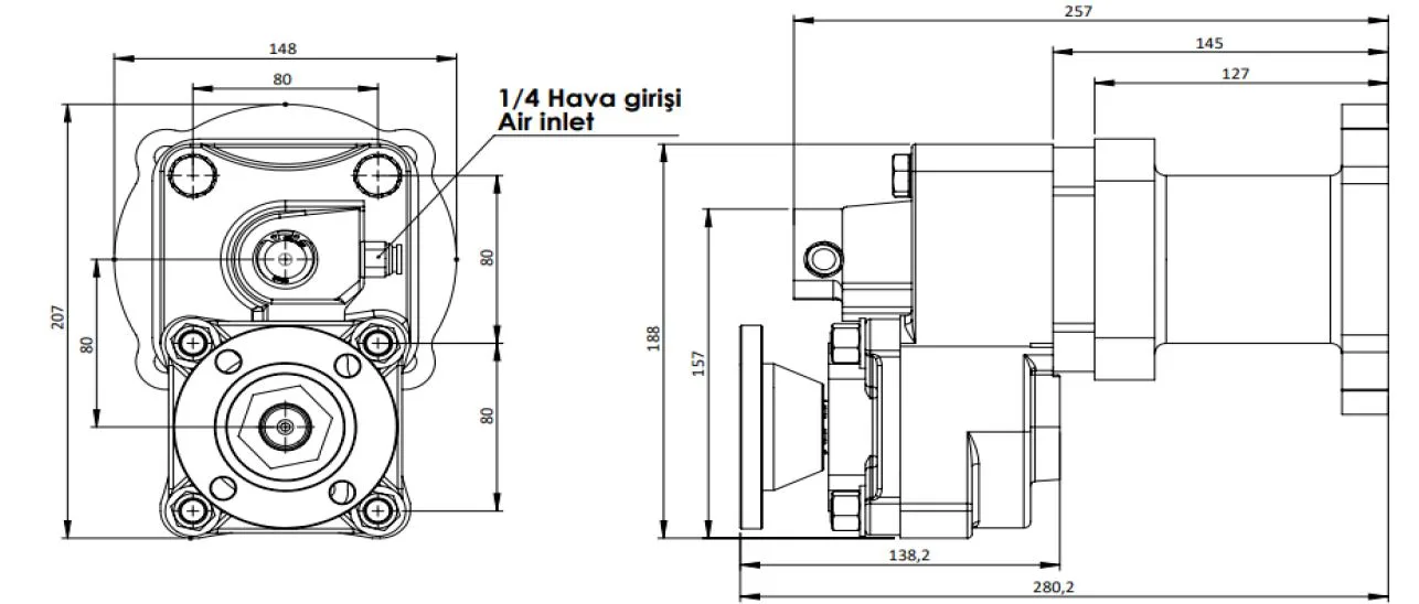 CTM 215 AD PTO teknik çizimi — kesit, ölçü ve montaj şeması