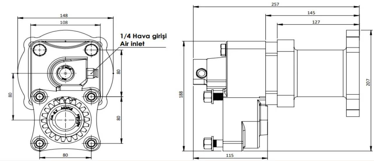 215 AC1 teknik çizimi — kesit, ölçü ve montaj şeması