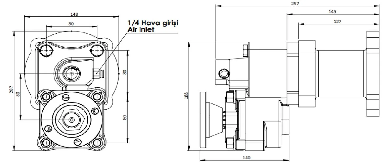 215 AD1 teknik çizimi — kesit, ölçü ve montaj şeması