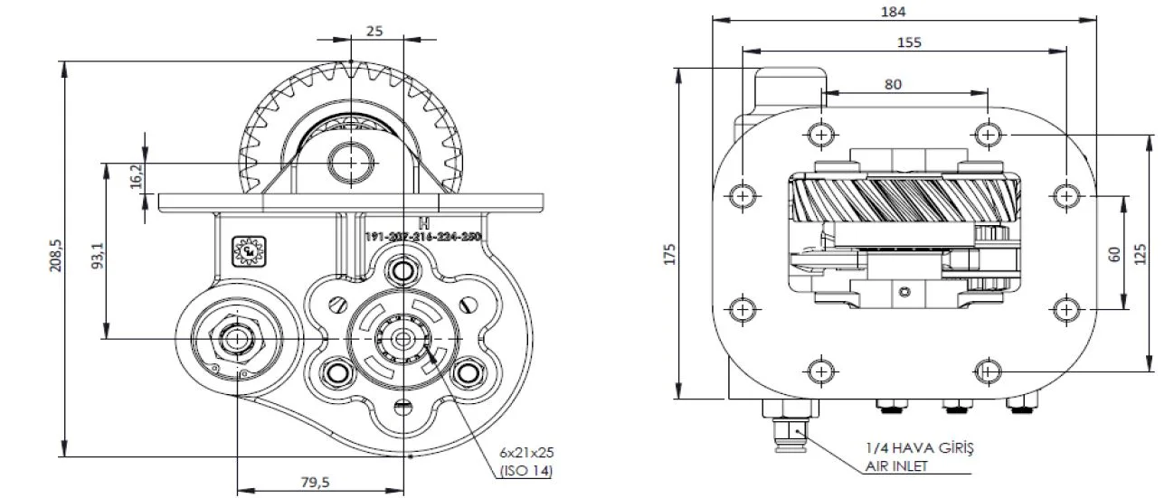 CTM 216 AE PTO teknik çizimi — kesit, ölçü ve montaj şeması