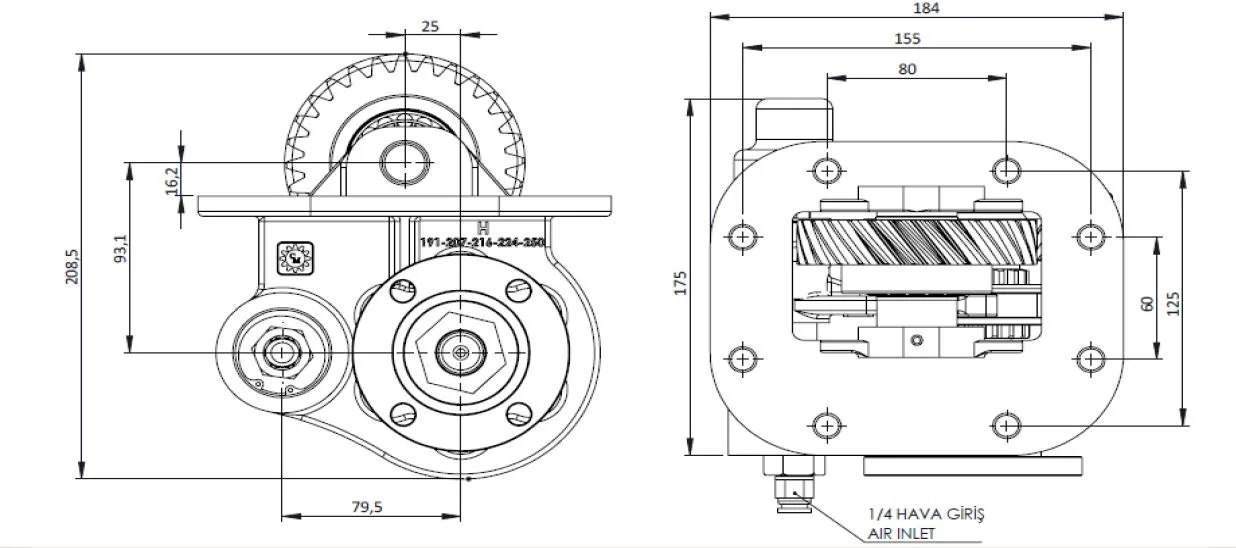 CTM 216 AD PTO teknik çizimi — kesit, ölçü ve montaj şeması