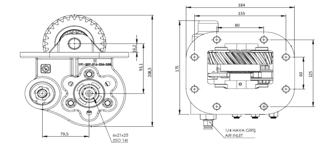 CTM 216 AC2 PTO teknik çizimi — kesit, ölçü ve montaj şeması