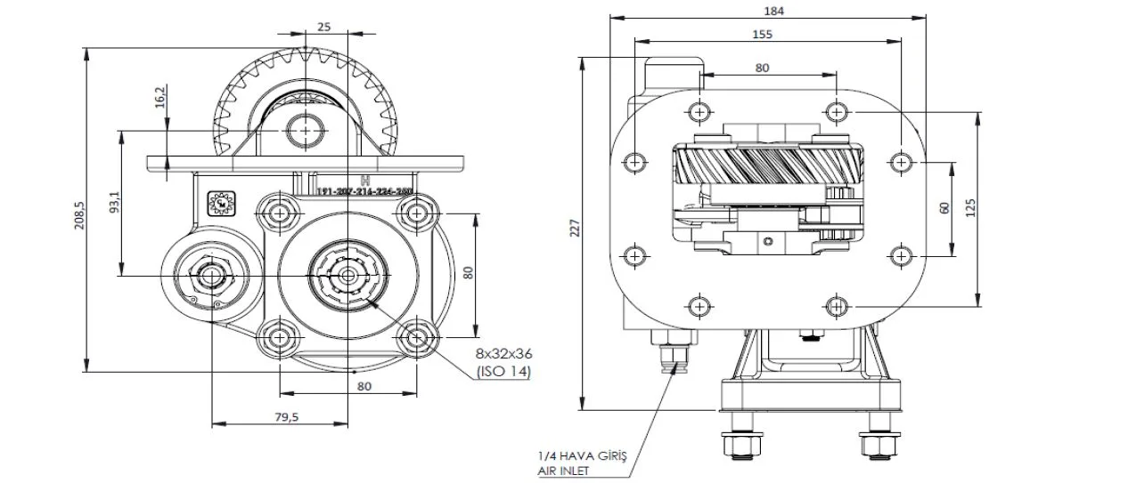 CTM 216 AC1 PTO teknik çizimi — kesit, ölçü ve montaj şeması