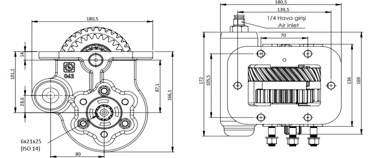 CTM 217 AE PTO teknik çizimi — kesit, ölçü ve montaj şeması
