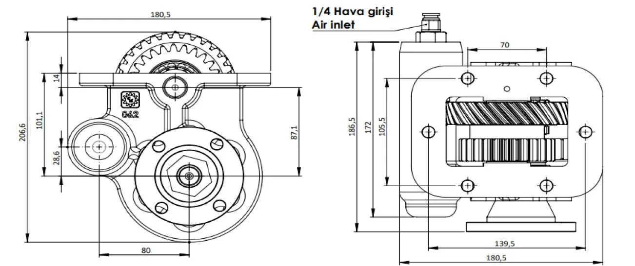 CTM 217 AD PTO teknik çizimi — kesit, ölçü ve montaj şeması