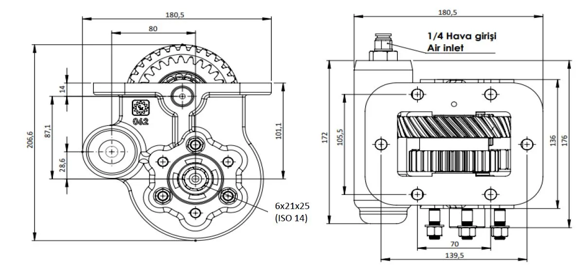 CTM 217 AC2 PTO teknik çizimi — kesit, ölçü ve montaj şeması
