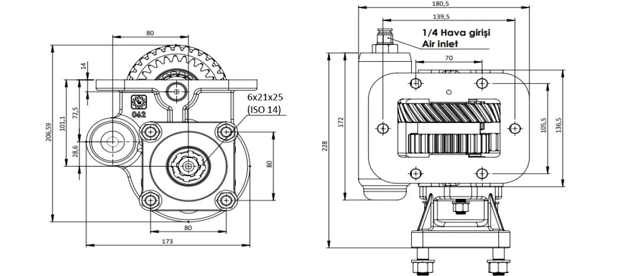 CTM 217 AC1 PTO teknik çizimi — kesit, ölçü ve montaj şeması
