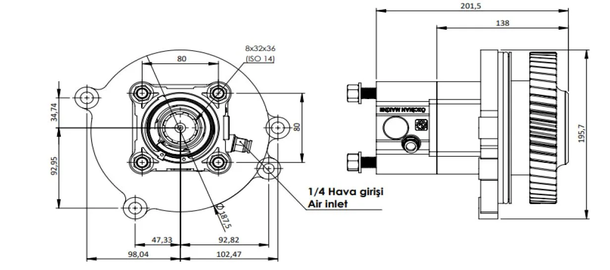 CTM 218 AC1 PTO teknik çizimi — kesit, ölçü ve montaj şeması