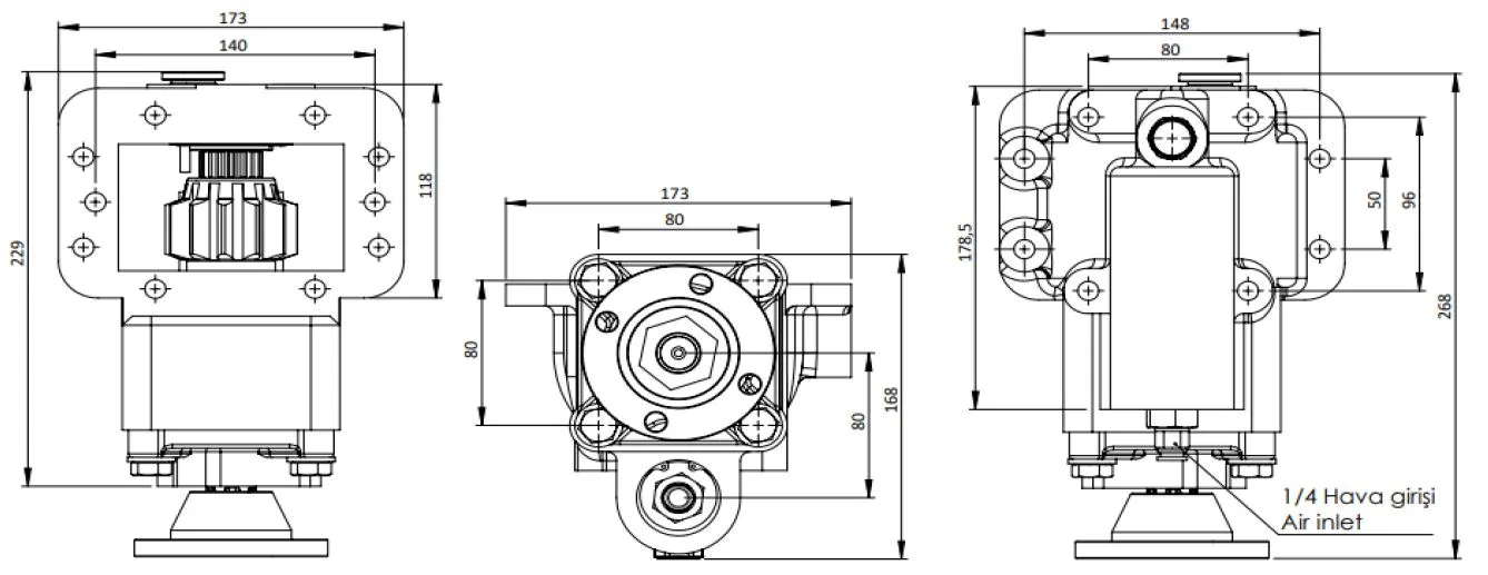 CTM 223 AD PTO teknik çizimi — kesit, ölçü ve montaj şeması