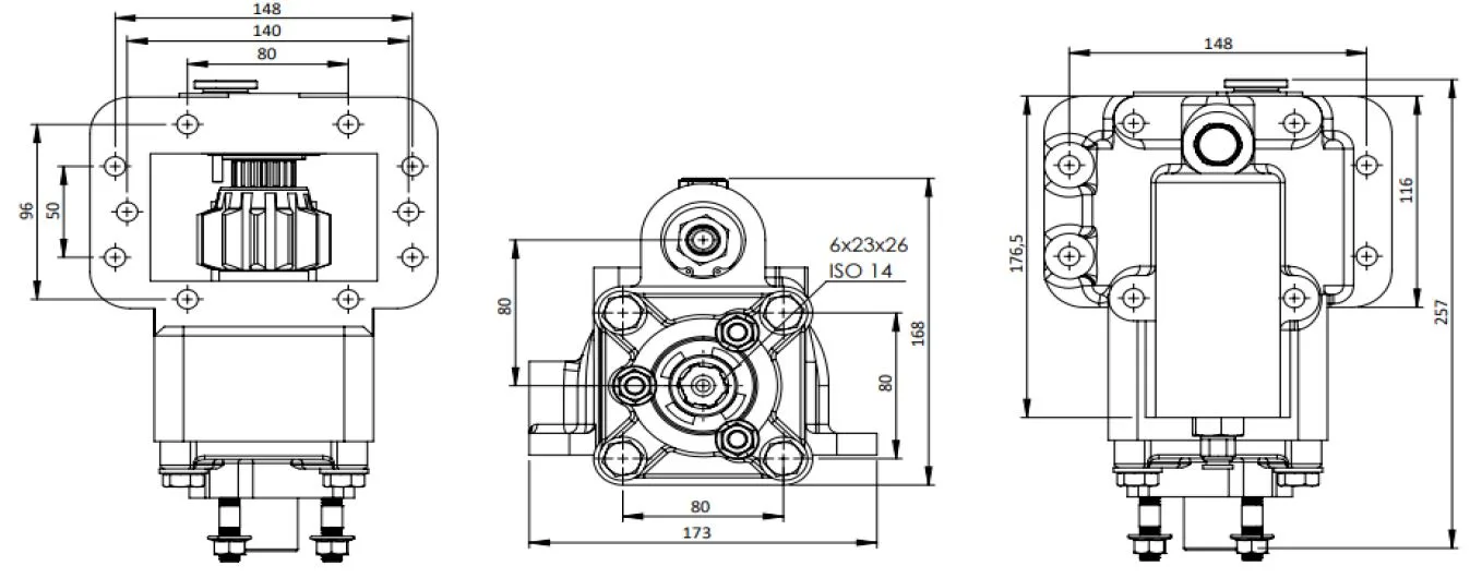 CTM 223 AC2 PTO teknik çizimi — kesit, ölçü ve montaj şeması