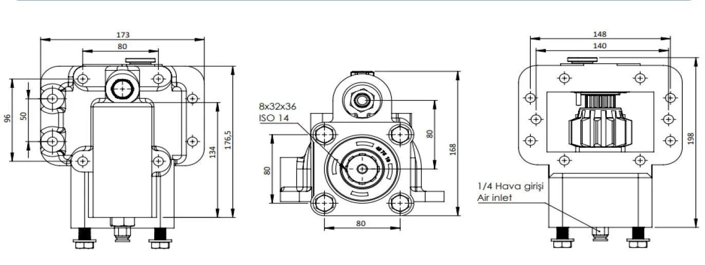 CTM 223 A1 PTO teknik çizimi — kesit, ölçü ve montaj şeması