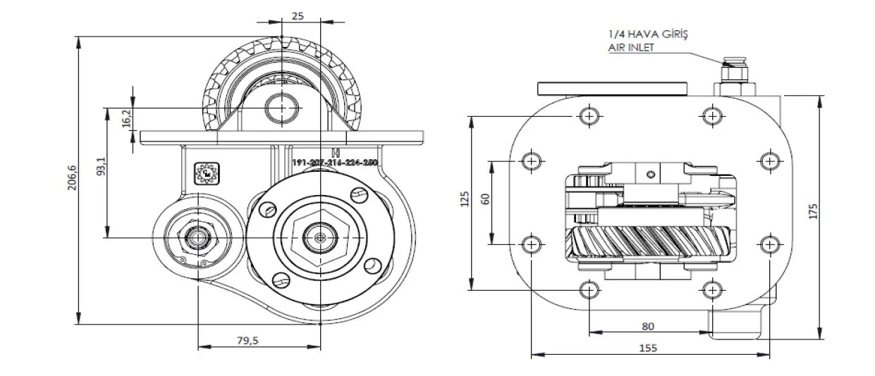 CTM 224 AD PTO teknik çizimi — kesit, ölçü ve montaj şeması