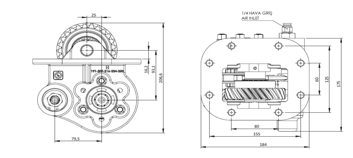 CTM 224 AC2 PTO teknik çizimi — kesit, ölçü ve montaj şeması