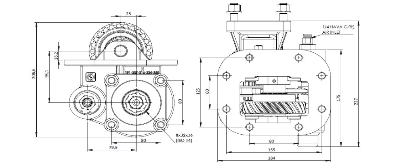 CTM 224 AC1 PTO teknik çizimi — kesit, ölçü ve montaj şeması