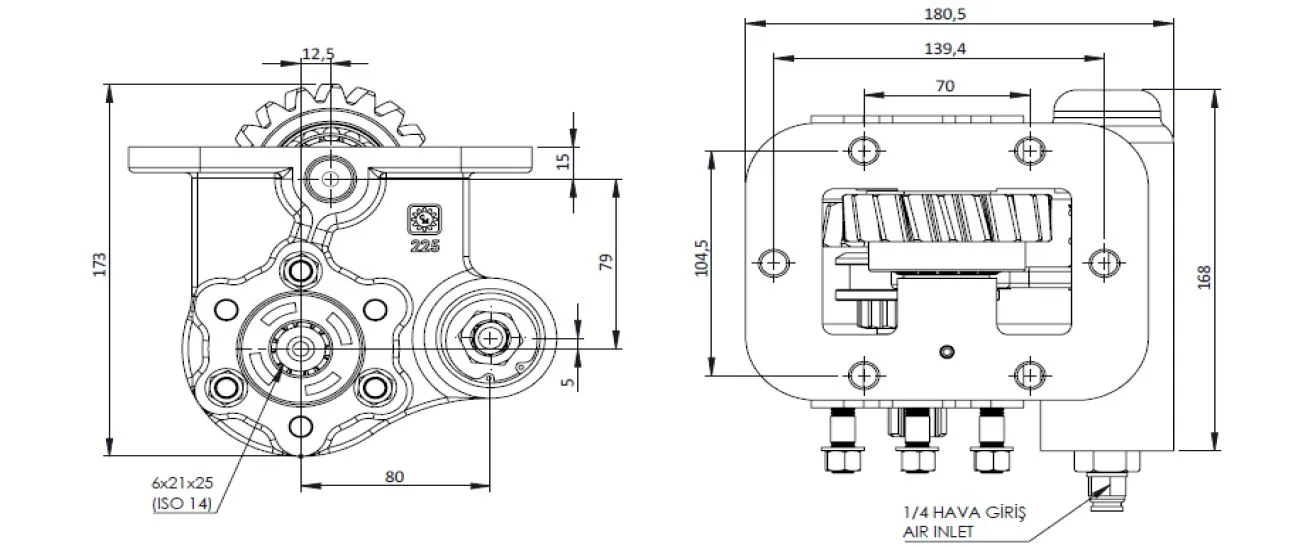 CTM 225 AE PTO teknik çizimi — kesit, ölçü ve montaj şeması