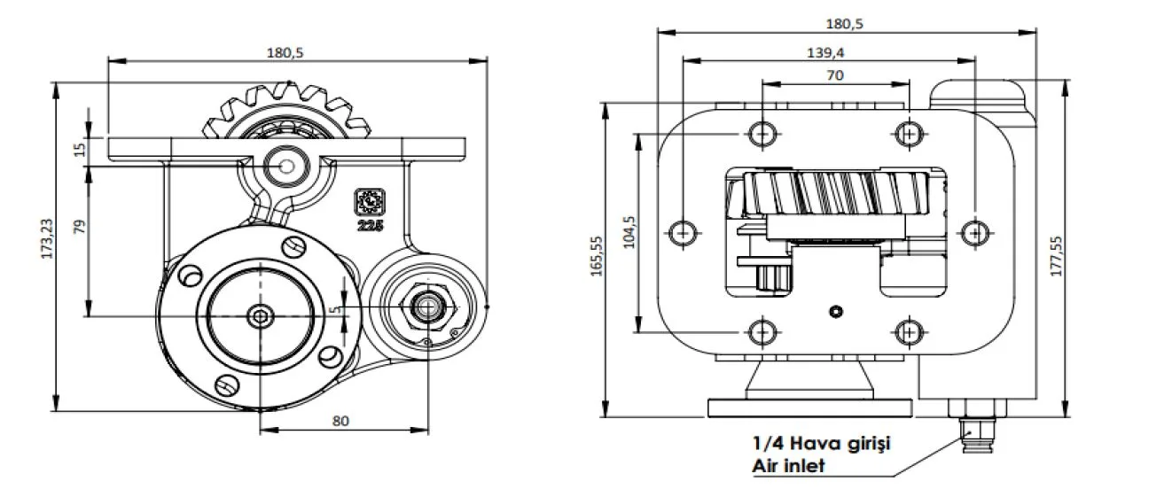 CTM 225 AD PTO teknik çizimi — kesit, ölçü ve montaj şeması