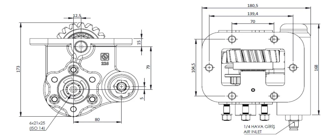 CTM 225 AC2 PTO teknik çizimi — kesit, ölçü ve montaj şeması