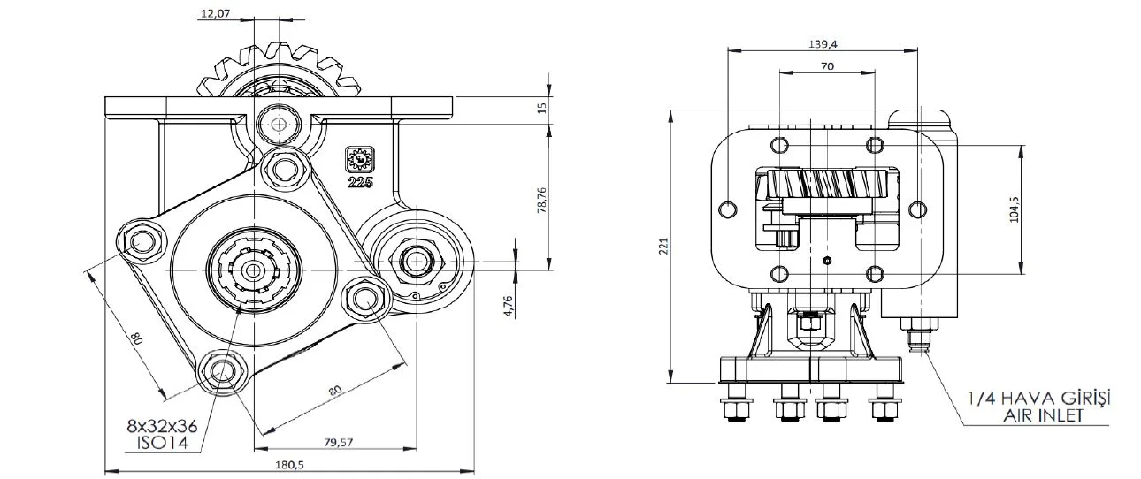 CTM 225 AC1 PTO teknik çizimi — kesit, ölçü ve montaj şeması